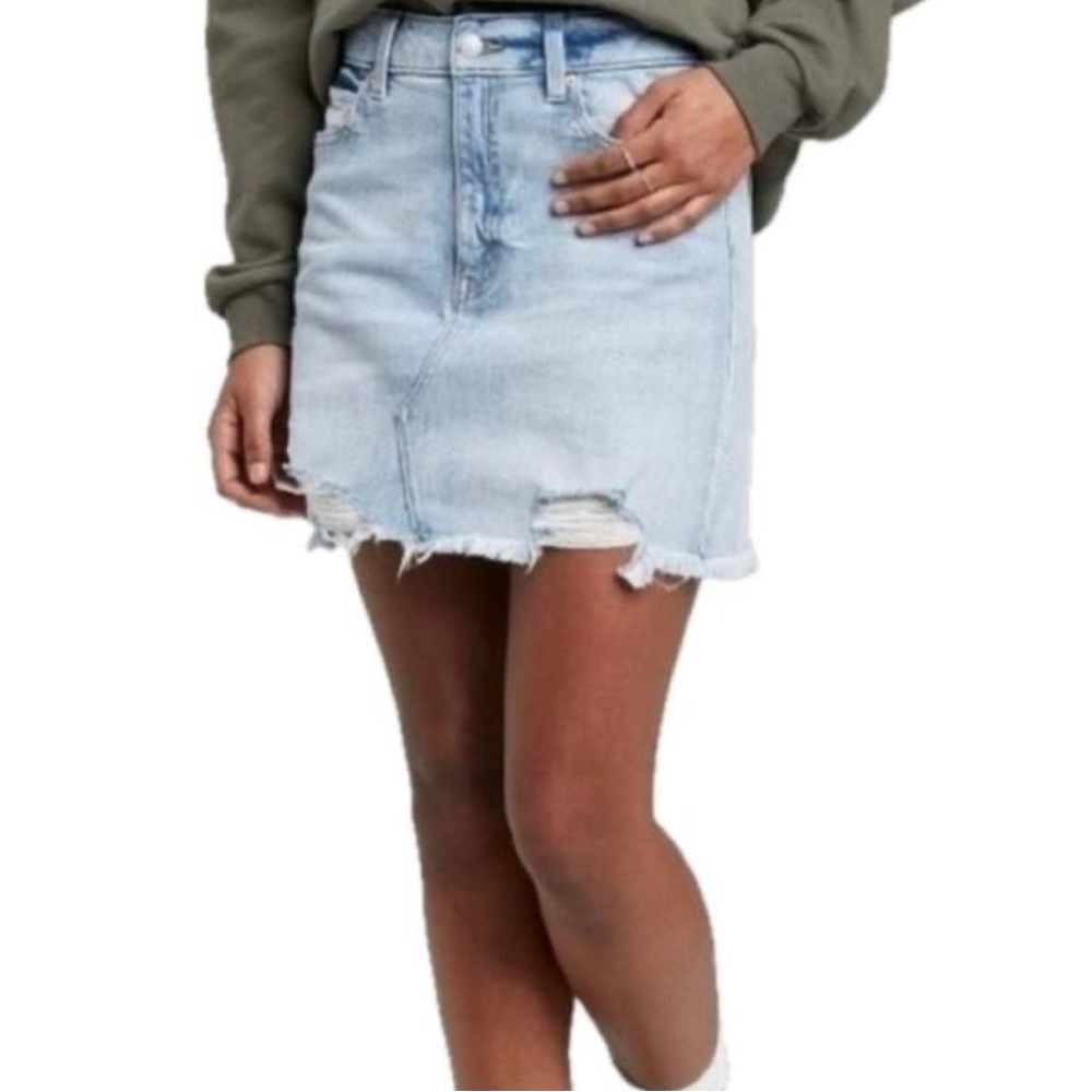 Stretch Denim Mini Skirt Size 12 Light Wash Frayed Jean Skirt Cabincore